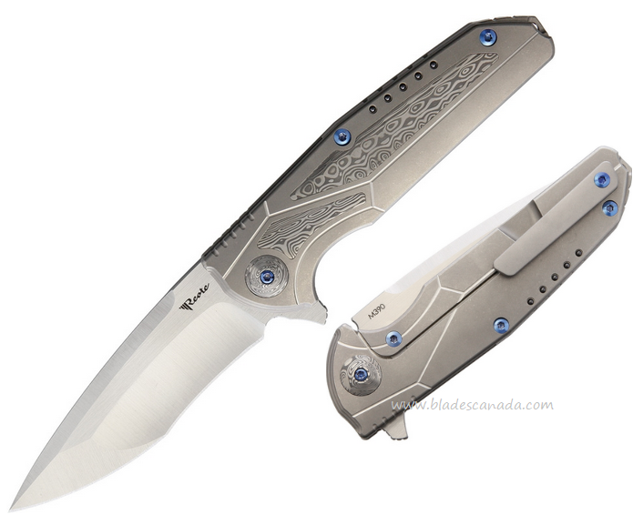 Reate K-4 Flipper Framelock Knife, M390 Satin, Titanium/Damascus Inlay